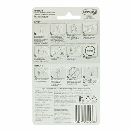 Command mounting strip packaging with application and removal instructions on a white background