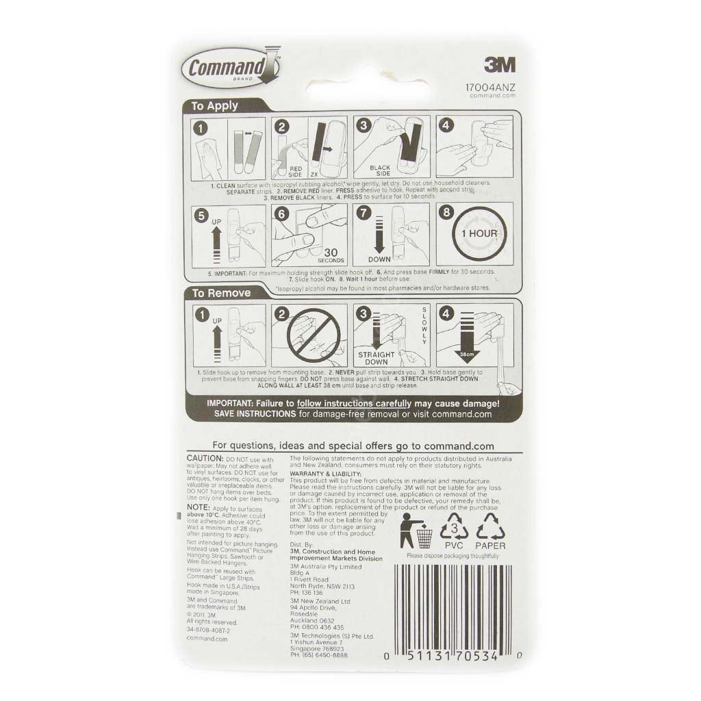 3M Command Damage - Free Hanging Jumbo Hook 1 Hooks 4 Strips 3.4Kg 17004ANZ