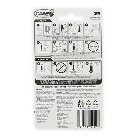 3M Command Damage - Free Hanging Large Hooks 1 Hooks 2 Strips 2.2Kg 17003ANZ