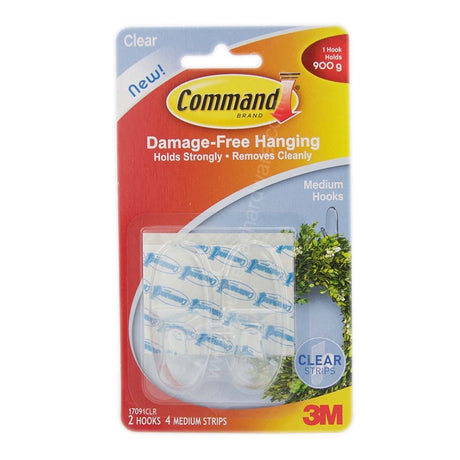 3M Command Damage - Free Hanging Med Clear Hook 2 Hooks 4 Strips 900g 17091CLR