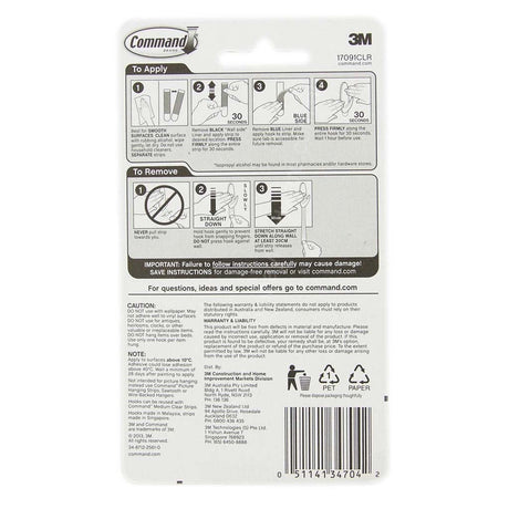 3M Command Damage - Free Hanging Med Clear Hook 2 Hooks 4 Strips 900g 17091CLR