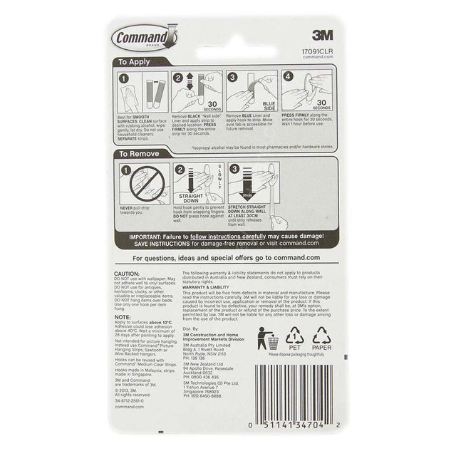 3M Command Damage - Free Hanging Med Clear Hook 2 Hooks 4 Strips 900g 17091CLR