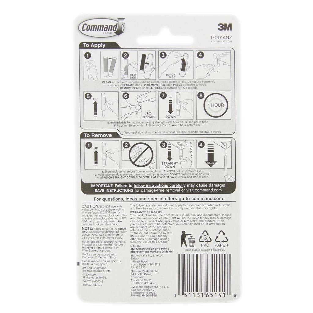 3M Command Damage - Free Hanging Medium Hooks 2 Hooks 4 Strips 1.3Kg 17001ANZ