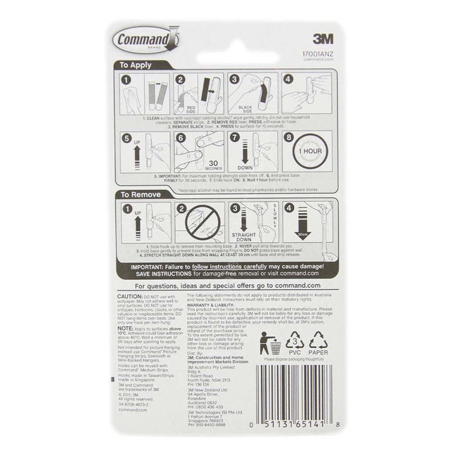 3M Command Damage - Free Hanging Medium Hooks 2 Hooks 4 Strips 1.3Kg 17001ANZ