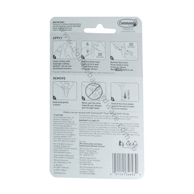 3M Command Damage - Free Hanging Mini Clear Hook 6 Hooks 8 Strips 225g 17006CLR