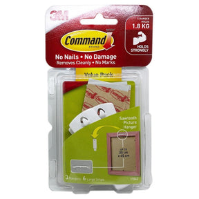 3M Command Damage - Free Hanging Sawtooth Picture Hook 3Hanger 6Strip 1.8Kg 17042