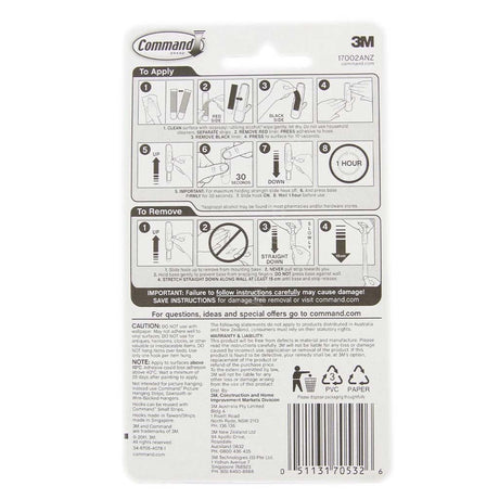 3M Command Damage - Free Hanging Small Hooks 2 Hooks 4 Strips 450g 17002ANZ