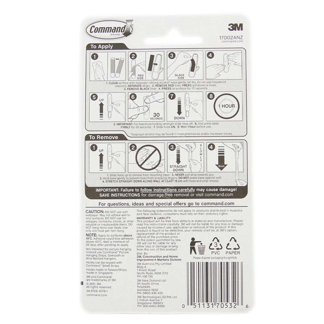3M Command Damage - Free Hanging Small Hooks 2 Hooks 4 Strips 450g 17002ANZ