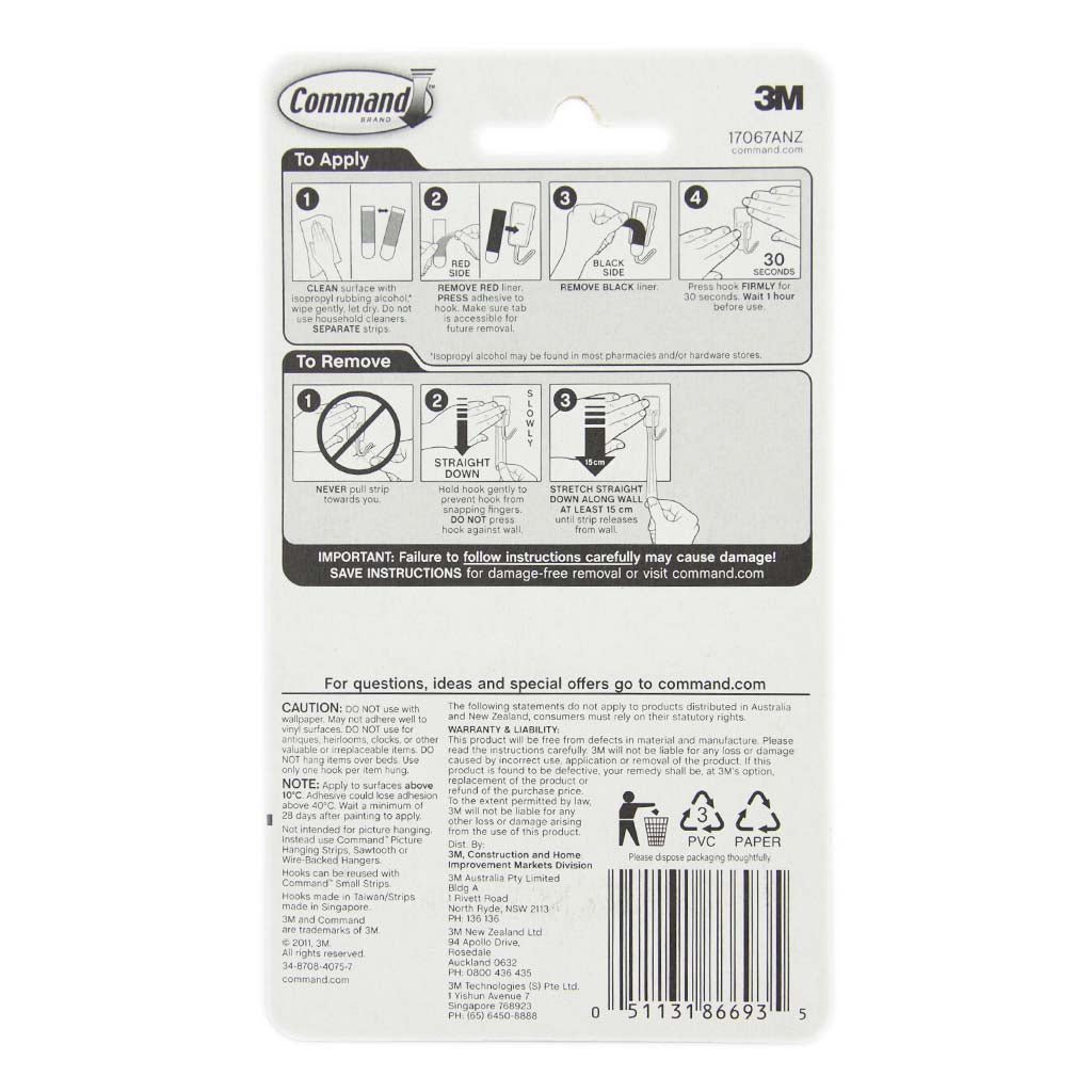 3M Command Damage - Free Hanging Utensil Hooks 3 Hooks 4 Strips 225g 17067ANZ