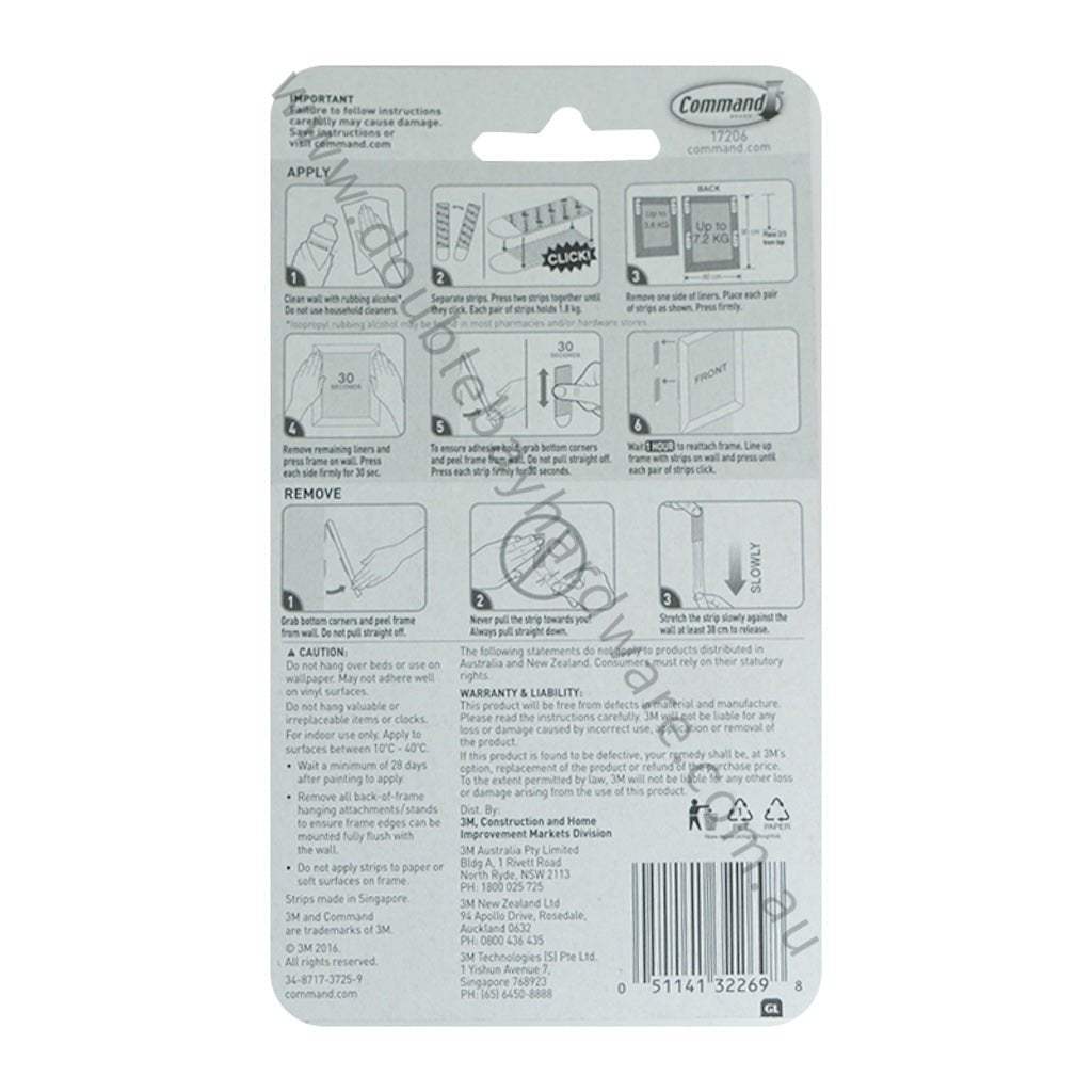 3M Command Damage - Free Hook 4 Sets Large Picture Hanging Strips 7.2Kg 17206