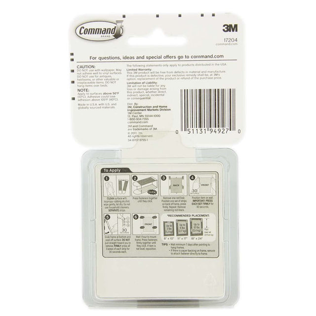 3M Command Damage - Free Hook Medium Picture Hanging Strips 4 Sets Up 5.4Kg 17204