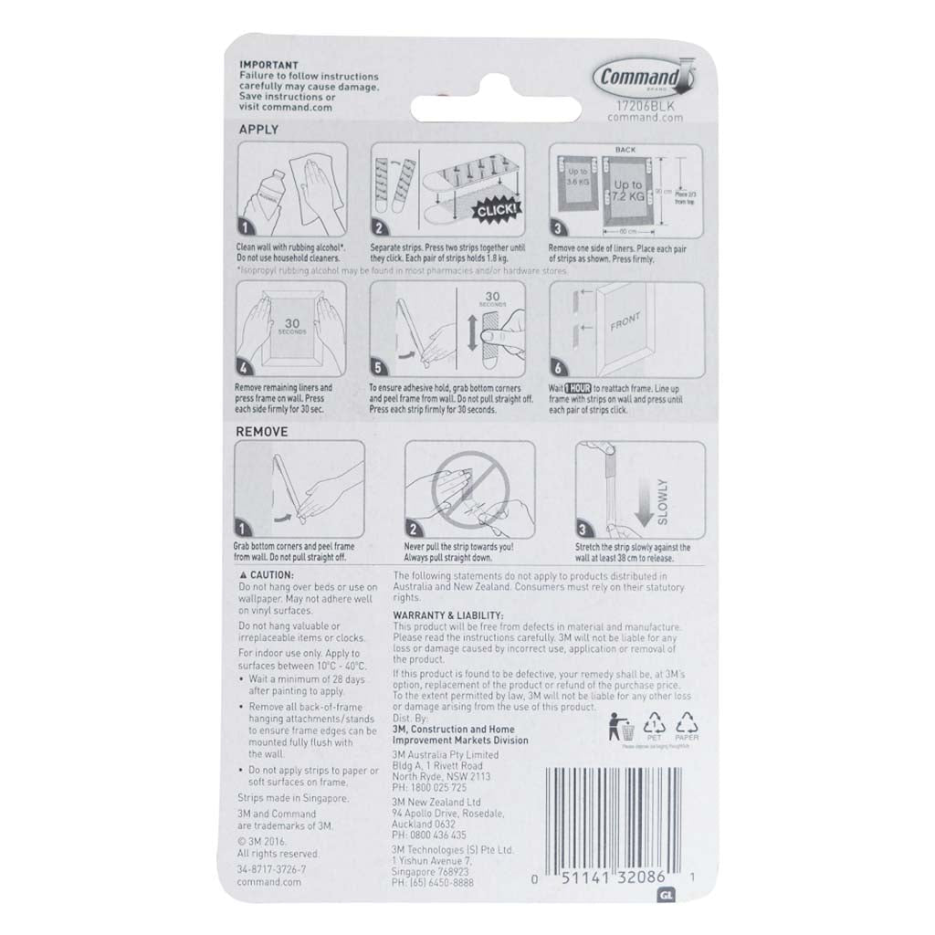 3M Command Damage - Free Large Picture Hanging Strips 7.2Kg 17206BLK