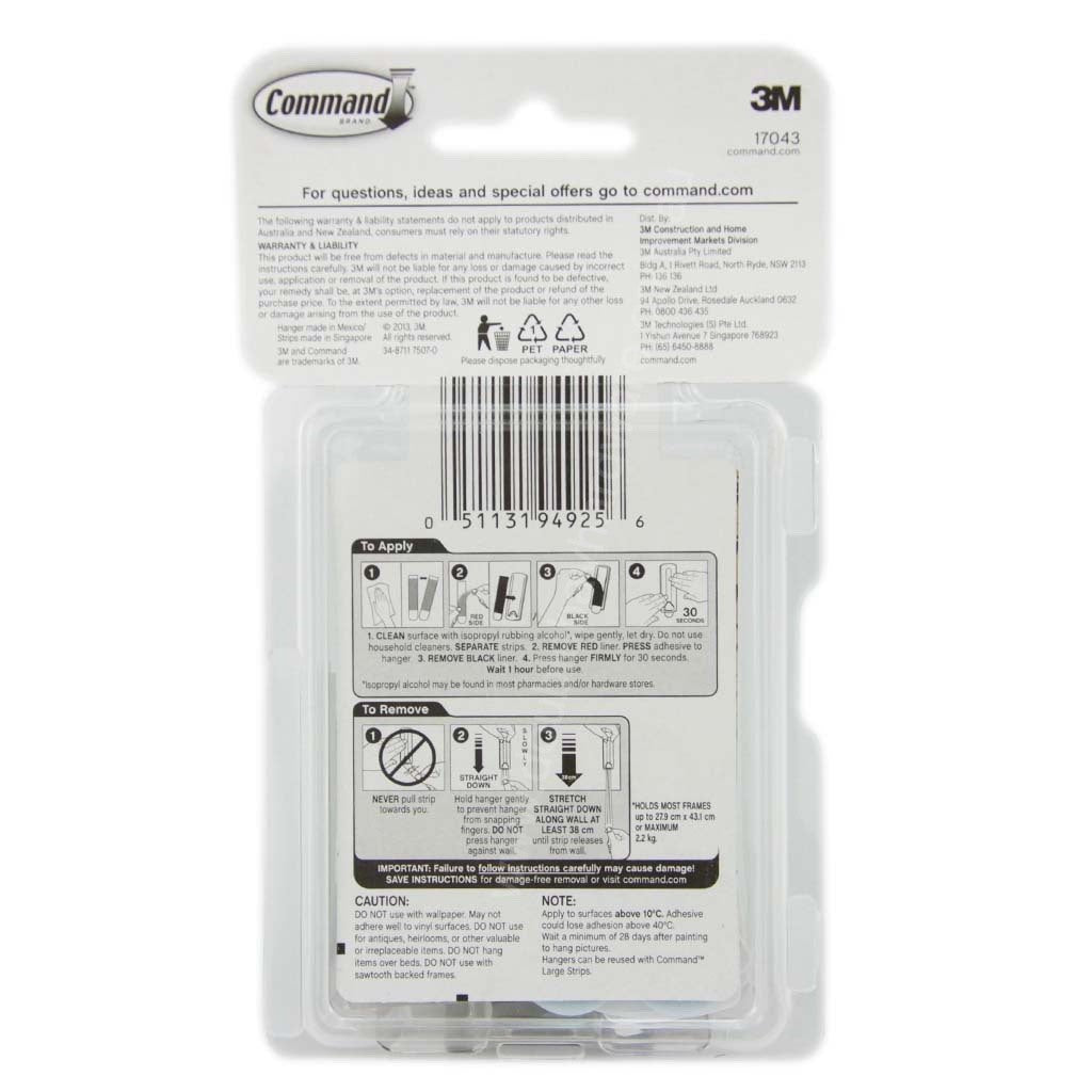 3M Command Damage - Free Wire - Backed Picture Hook 3 Hanger 6 Strip 2.2Kg 17043