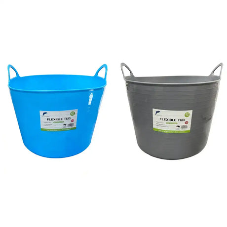 Two flexible tubs, one blue and one gray, on a white background.
