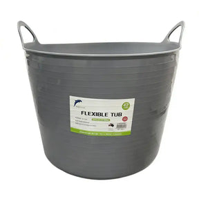 Gray flexible tub with handles on a white background
