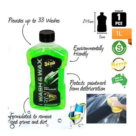 Green bottle of 5 Star Wash & Wax with product features and branding on a white background