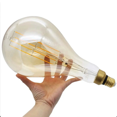 Hand holding a large vintage-style light bulb against a white background