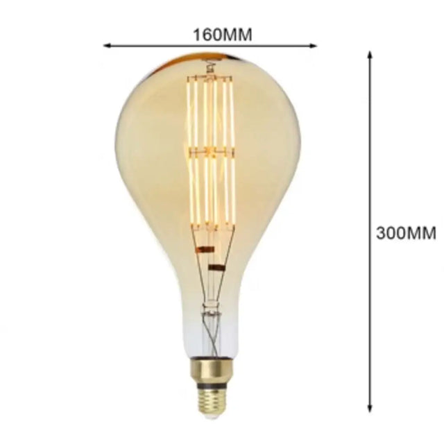 Vintage-style light bulb with dimensions indicated on a white background