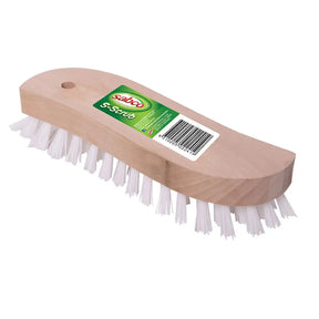 Wooden brush with white bristles and a Sabco label on a white background