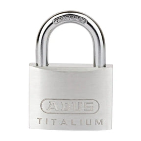 Silver ABUS Titalium padlock on a white background