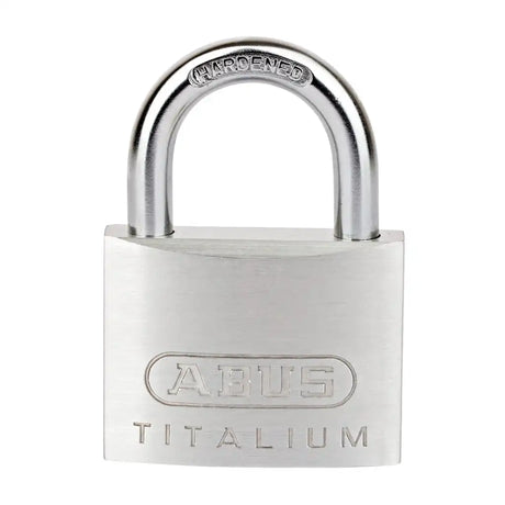 Silver ABUS Titalium padlock on a white background