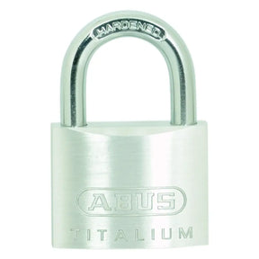 Silver Abus Titalium padlock on a white background