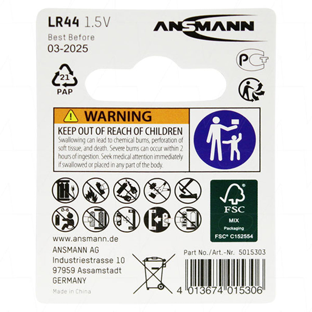 ANSMANN Alkaline Button Cell Battery 1.5V 140mAh LR44