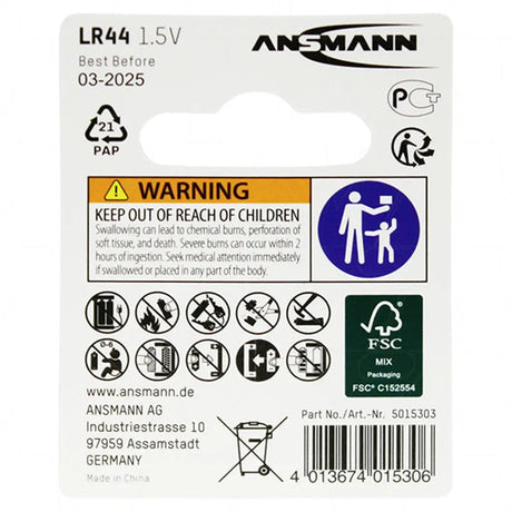 Ansmann LR44 battery packaging with warning label and recycling symbols on a white background