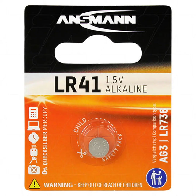 Ansmann LR41 1.5V alkaline battery packaging on a white background