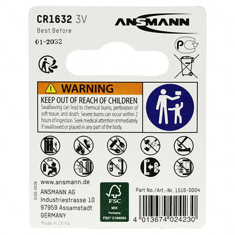 Ansmann CR1632 3V battery packaging with warning label and product details.