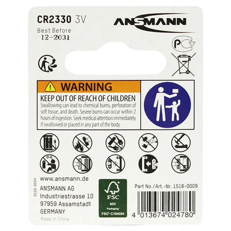 Ansmann CR2330 battery packaging with warning label and product details.