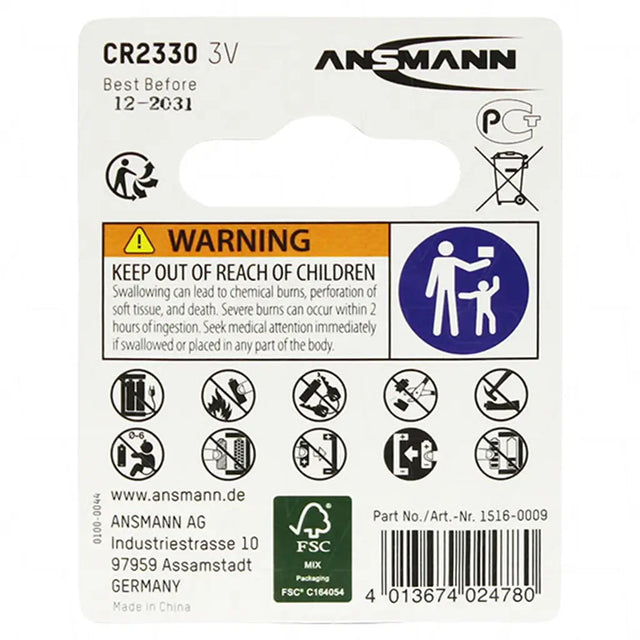 Ansmann CR2330 battery packaging with warning label and product details.