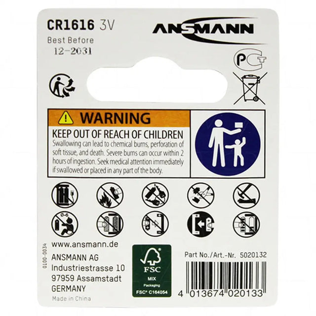 Ansmann CR1616 3V battery packaging with warning label and product details.