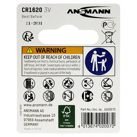 Ansmann CR1620 battery packaging with warning label and product details.