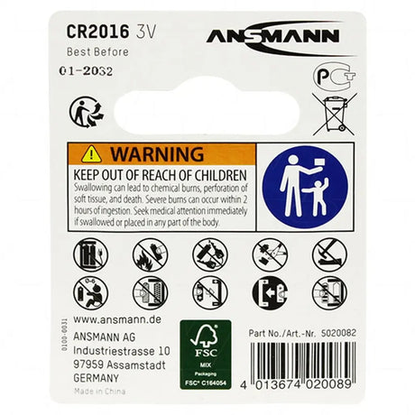 Ansmann CR2016 battery packaging with warning label and product details.