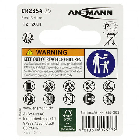 Ansmann CR2430 battery packaging with warning label and product details.