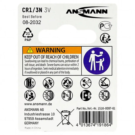 Ansmann CR1/3N 3V battery label with warning and usage instructions.
