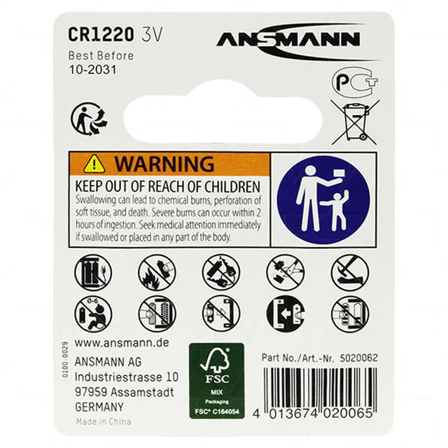Ansmann CR1220 battery packaging with warning label and product details.