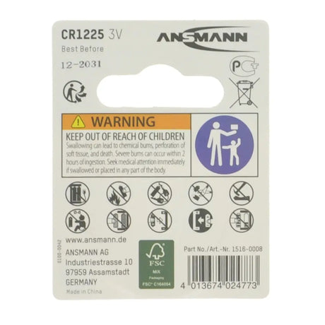 Ansmann CR1225 3V battery packaging with warning label and product details.