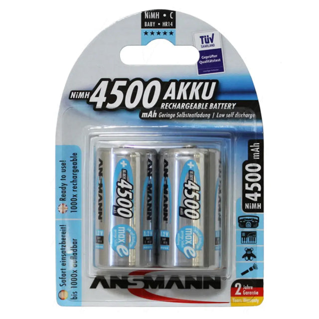 Pack of Ansmann rechargeable batteries with 4500mAh capacity on a white background