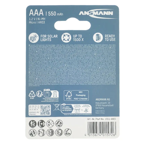 Ansmann AAA battery packaging with product details on a white background