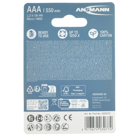 Ansmann AAA battery packaging with blue label and white background