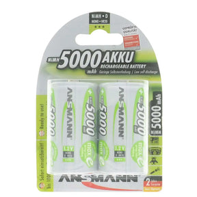 Two Ansmann rechargeable batteries in packaging on a white background