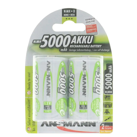 Two Ansmann rechargeable batteries in packaging on a white background