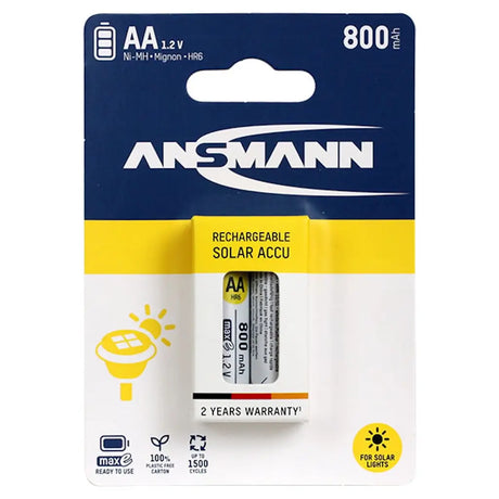 Ansmann AA rechargeable battery packaging with blue and yellow design.