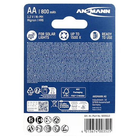 Ansmann battery packaging with product details on a blue background