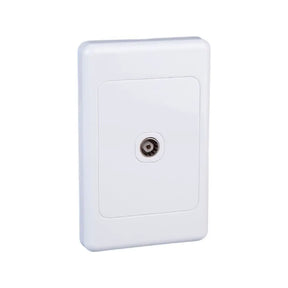 White wall socket with a coaxial cable connector on a white background