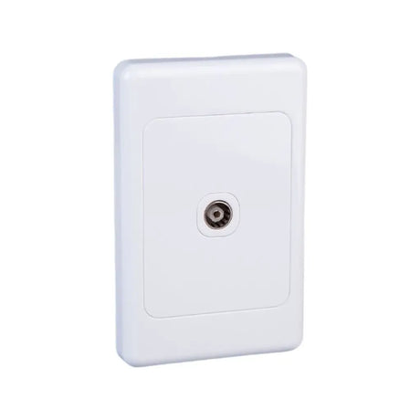 White wall socket with a coaxial cable connector on a white background