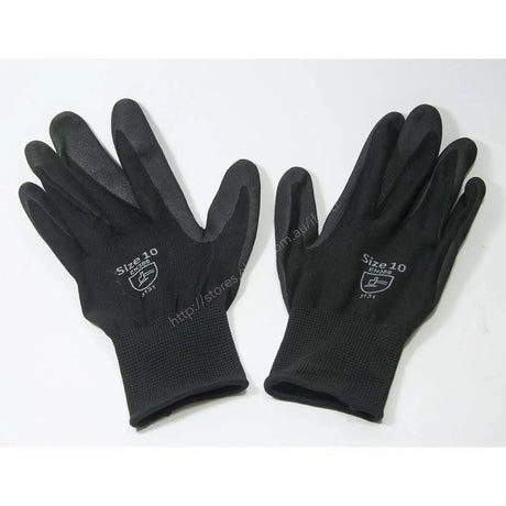 A pair of black work gloves with textured non-slip palms and backs, size 10, displayed on a plain white background.