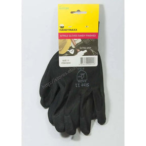 A pair of black nitrile work gloves with a yellow and white retail hang tag. The tag reads 'HANDYMAXX' and 'NITRILE GLOVES SANDY FINISHED'.